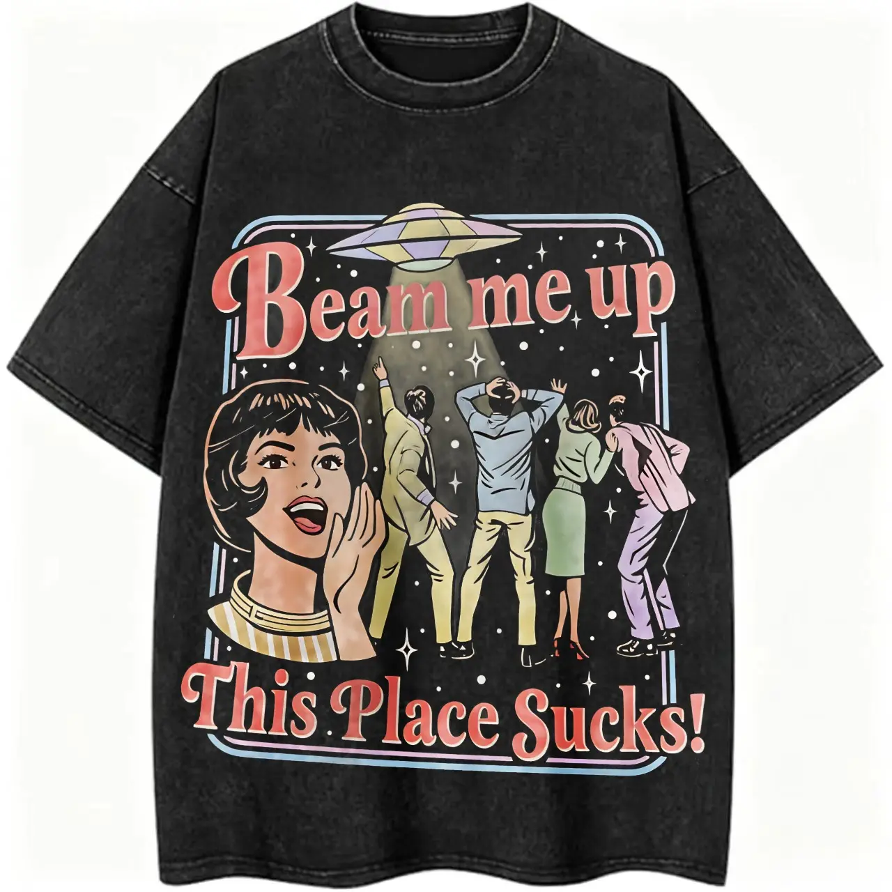 Women's 50s Retro Unisex Streetwear T-Shirt - Short-Sleeve, Breathable, Soft, Vintage Black Wash, Funny UFO Alien "Beam Me Up This Place Sucks" Print, Oversized Tee, Shortsleeve, Casual