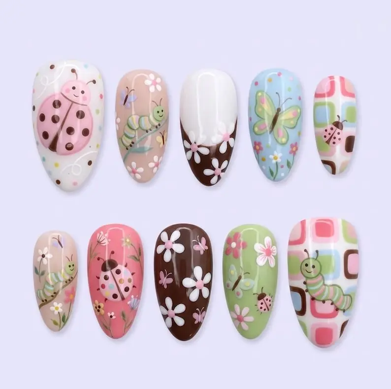 Handmade Kawaii Garden Press On Nails, Cute Ladybug & Butterfly Art, Pastel Spring Floral Nail Set
