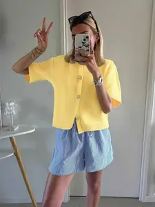 Women's Plain Button-Front Cardigan, Casual Short-Sleeve Cardigan for Summer, Ladies Knitwear for Daily Wear, Knitted Tops, Lightweight Knit Sweater