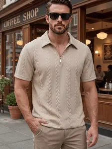 Men's Summer White Jacquard Knit Polo Shirt, Half-Zip Short Sleeve, Casual Business Lapel T-Shirt Summer Style, Suitable for Daily Work
