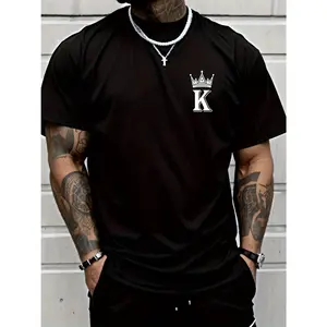 Men's Crown & "K" Design Graphic T-Shirt - 100% Cotton Short Sleeve Crew Neck Regular Fit Casual Wear |   Soft & Breathable Fabric, Durable Print, Everyday Comfort, Machine Washable, casual urban fashion outdoor weekend wear