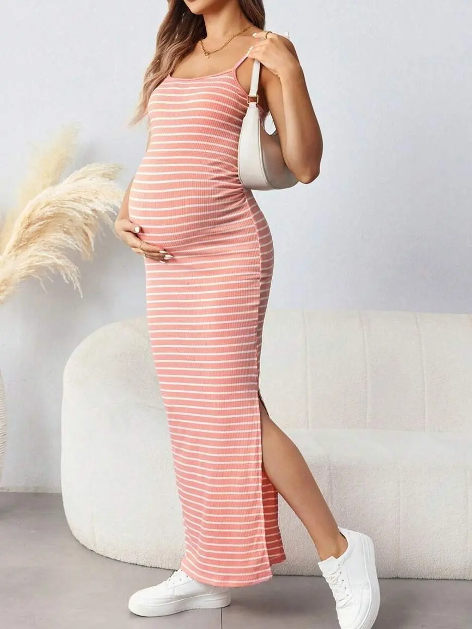Maternity Striped Spaghetti Strap Dress Simple Everyday Pregnancy Comfort - Casual Maternity Wear