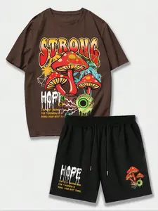2/4/6/8 Counts Men's Regular Fit Letter Print Drop Shoulder Tee & Drawstring Waist Shorts Set for Ramadan Festival, Crew Neck Short Sleeve T-Shirt & Mushroom Print Shorts, Tropical Casual Fashion Cozy Breathable Men Ramadan Outfits for Summer Menswear