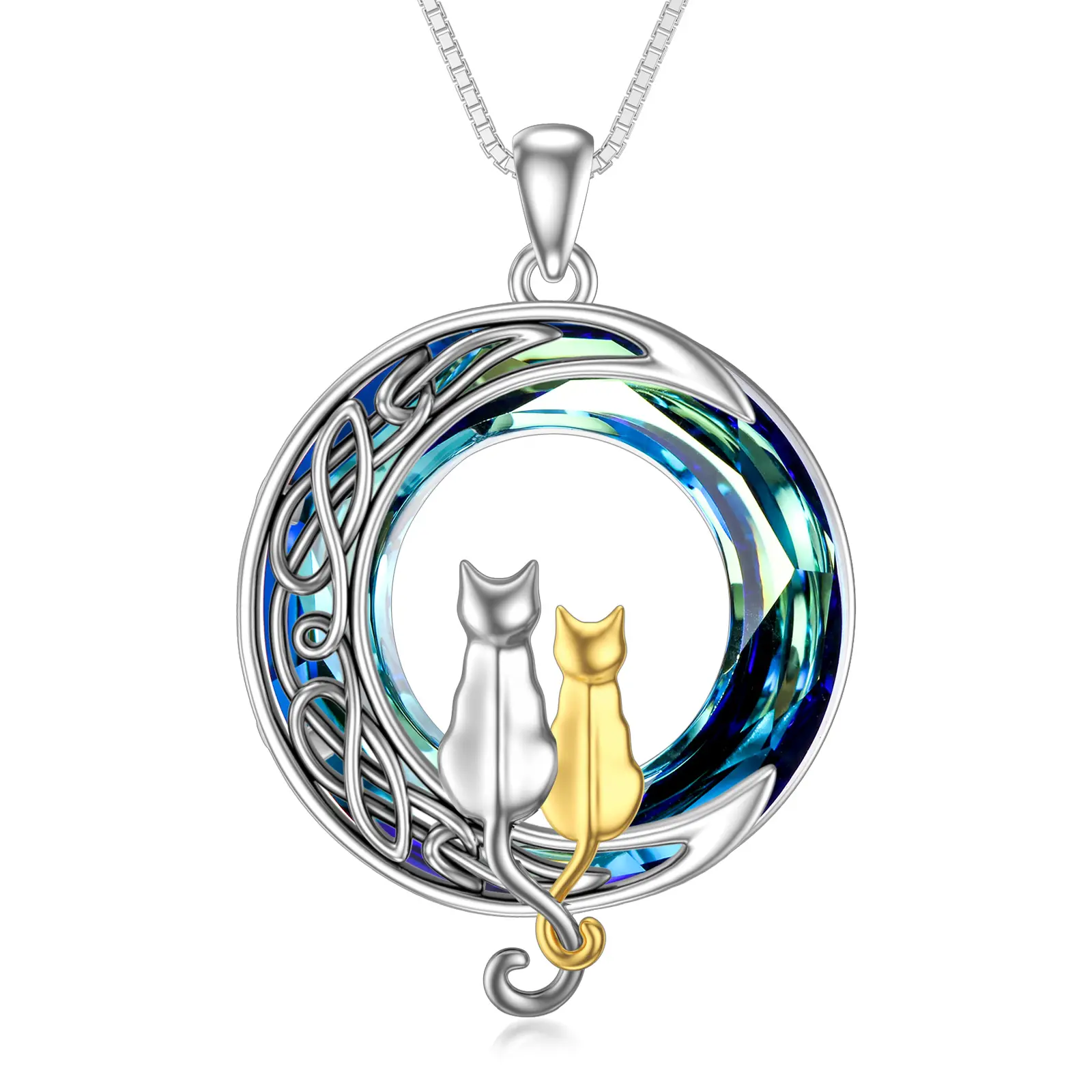 2 Cats(Silver and Yellow Gold)-Blue Crystal-02-B