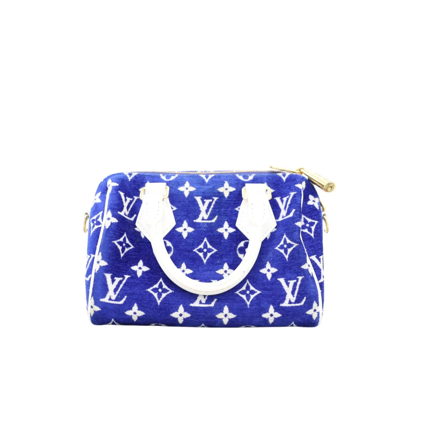Pre-owned Louis Vuitton LV Crossbody Bags HANDBAG BANDOULIER Blue Monogram Canvas with White Handles and Gold Zipper Closure