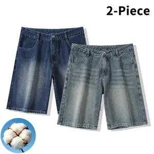 2-piece set includes faded washed loose wide-leg cotton denim Bermuda shorts, ideal for urban streetwear, skate park outfits, hip-hop styles, and everyday casual looks