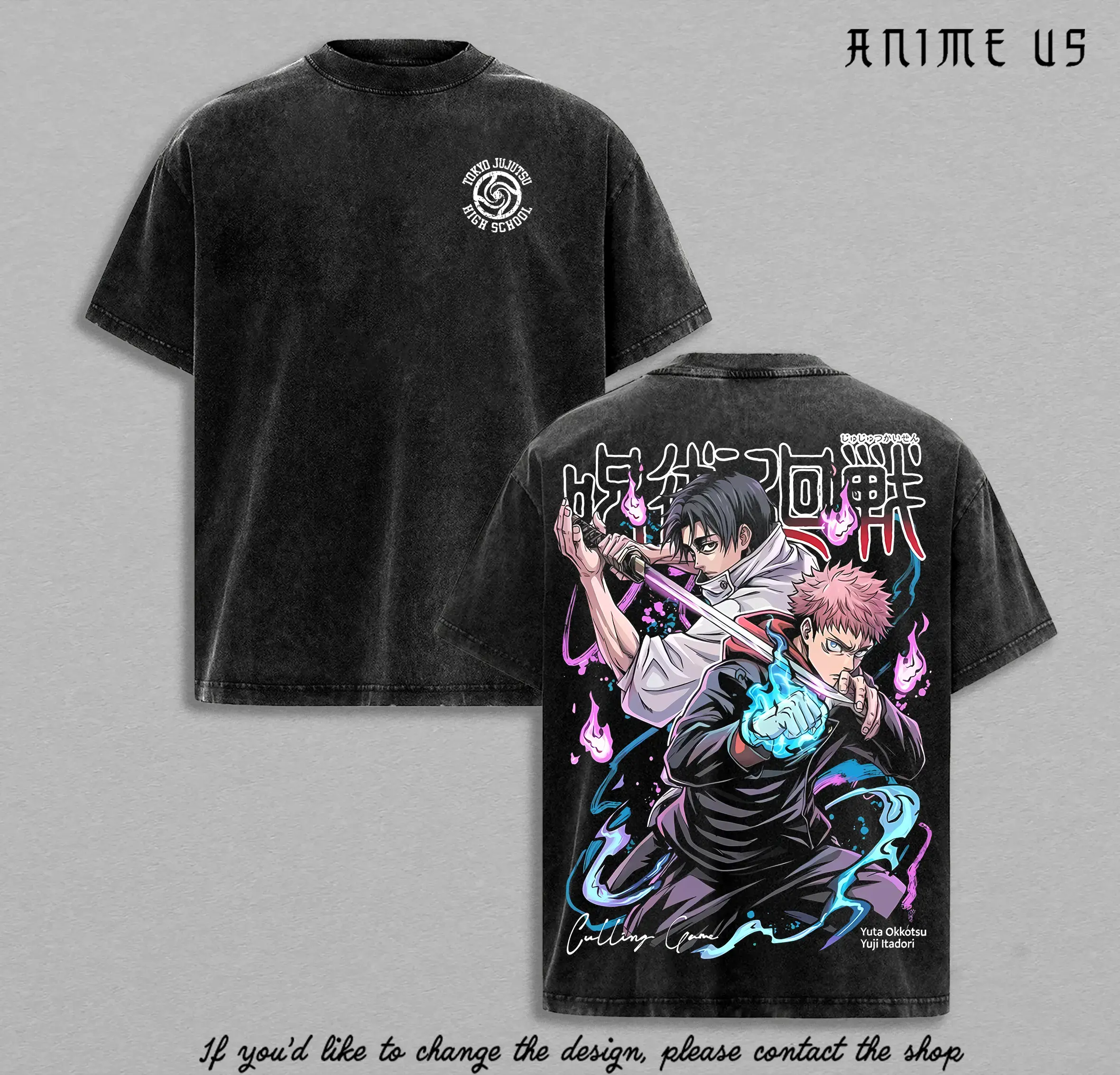 Men's Original Retro Oversized Short-Sleeve Round Neck Menswear T-Shirt - Yuta Okkotsu & Yuji Itadori Jujutsu Kaisen Tokyo Jujutsu High School Curse Energy Graphic, Vintage Washed Heavy Cotton Streetwear Tee, Shortsleeve, Top, Unisex Y2K Black