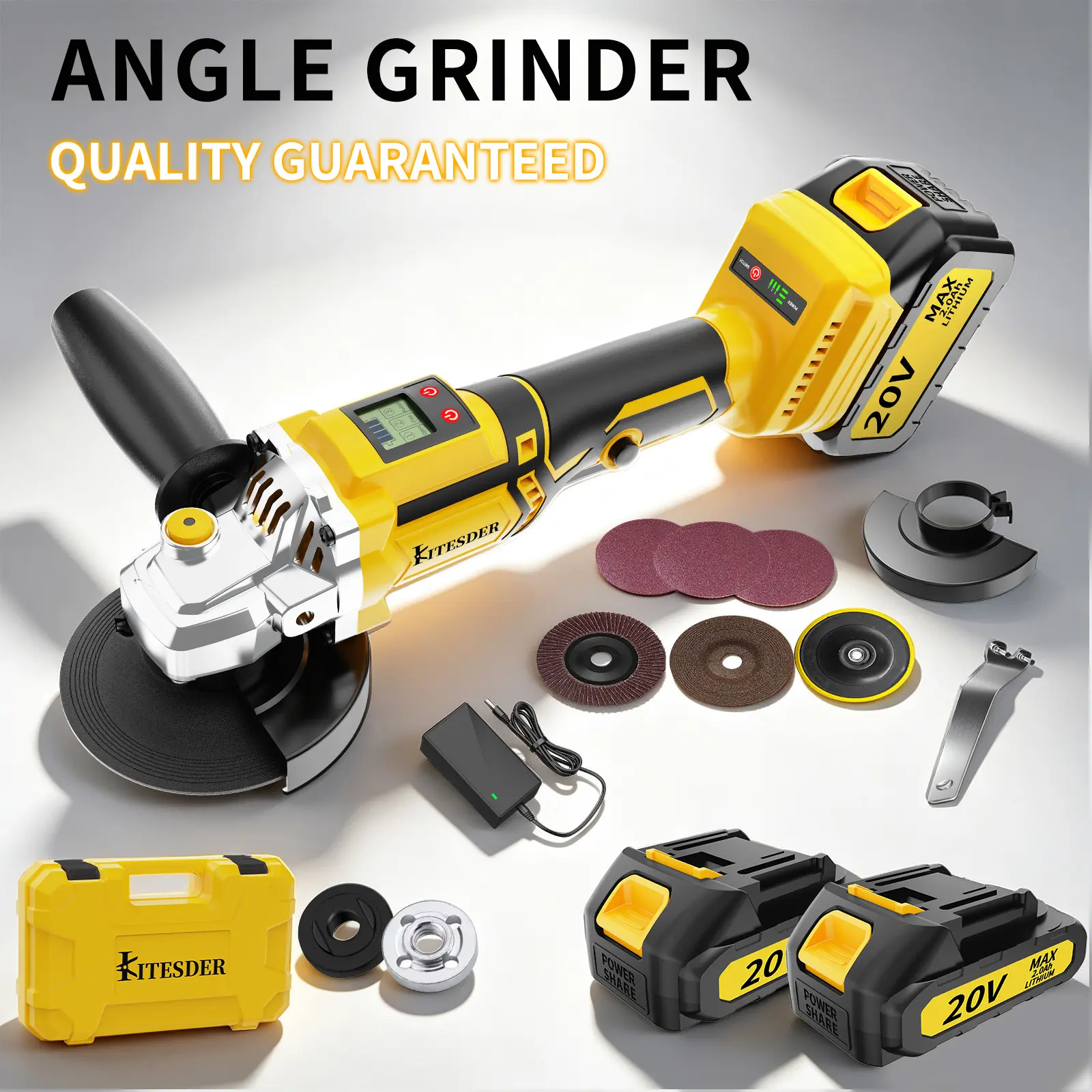 KITESDER 20V Brushless Cordless Angle Grinder Kit - 9000/11000RPM, Multiple Disc Cutting/Polish Tool with Batteries, Wood Grinder for Home Improvement Renovation DIY Crafts