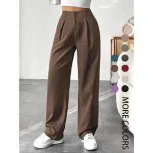 Women's Solid Color Plicated Pocket Wide Leg Pants, Elegant Aesthetic Flattering Zipper Fly High Waist Trousers for Work Office Business, Ladies Spring & Fall Business Attire Clothes Bottom Womenswear Fit Minimalist