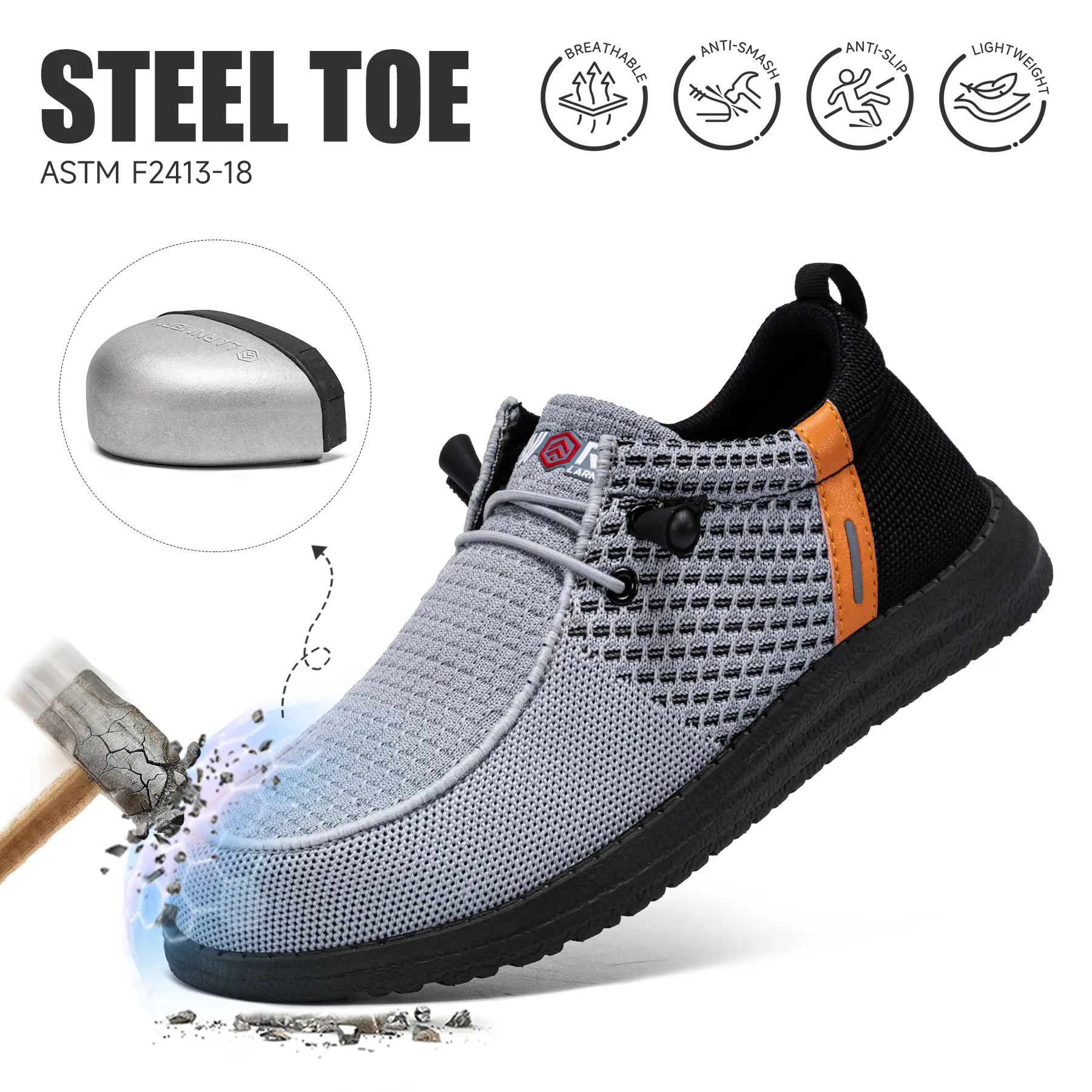 Steel Toe Slip On Loafers, OSHA & ASTM Certified Lightweight Flexible Breathable Safety Work Shoes, Unisex Sturdy Closed Toe Protective Footwear for Construction Warehouse Daily Work