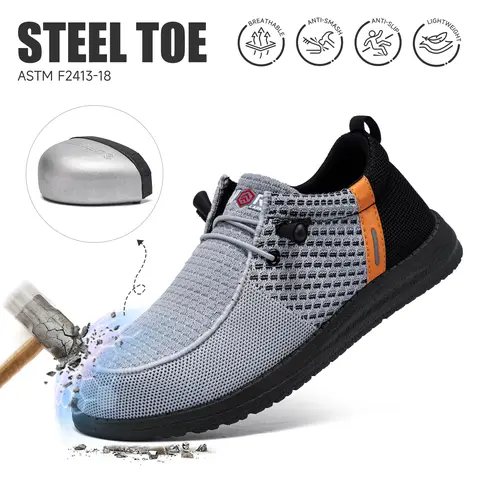 Steel Toe Slip On Loafers, OSHA & ASTM Certified Lightweight Flexible Breathable Safety Work Shoes, Elastic mesh upper,Unisex Sturdy Protective Footwear for Construction Warehouse Daily Work Cushioned comfortable ankle collar#tiktokshopsummersale