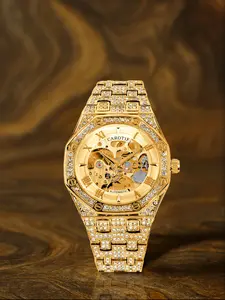 A men's gold full diamond steel strip with high luxury and heavy craftsmanship, Roman numeral three-dimensional hollow design, fully automatic mechanical watch