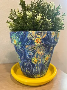 Starry Night Fabric Decoupage Hand Painted Terracotta Plant Pot