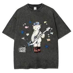 Rock star cat pattern unisex vintage washed T-shirt, vintage distressed colorful washed T-shirt - washed shirt - natural-themed unisex streetwear, holiday gift