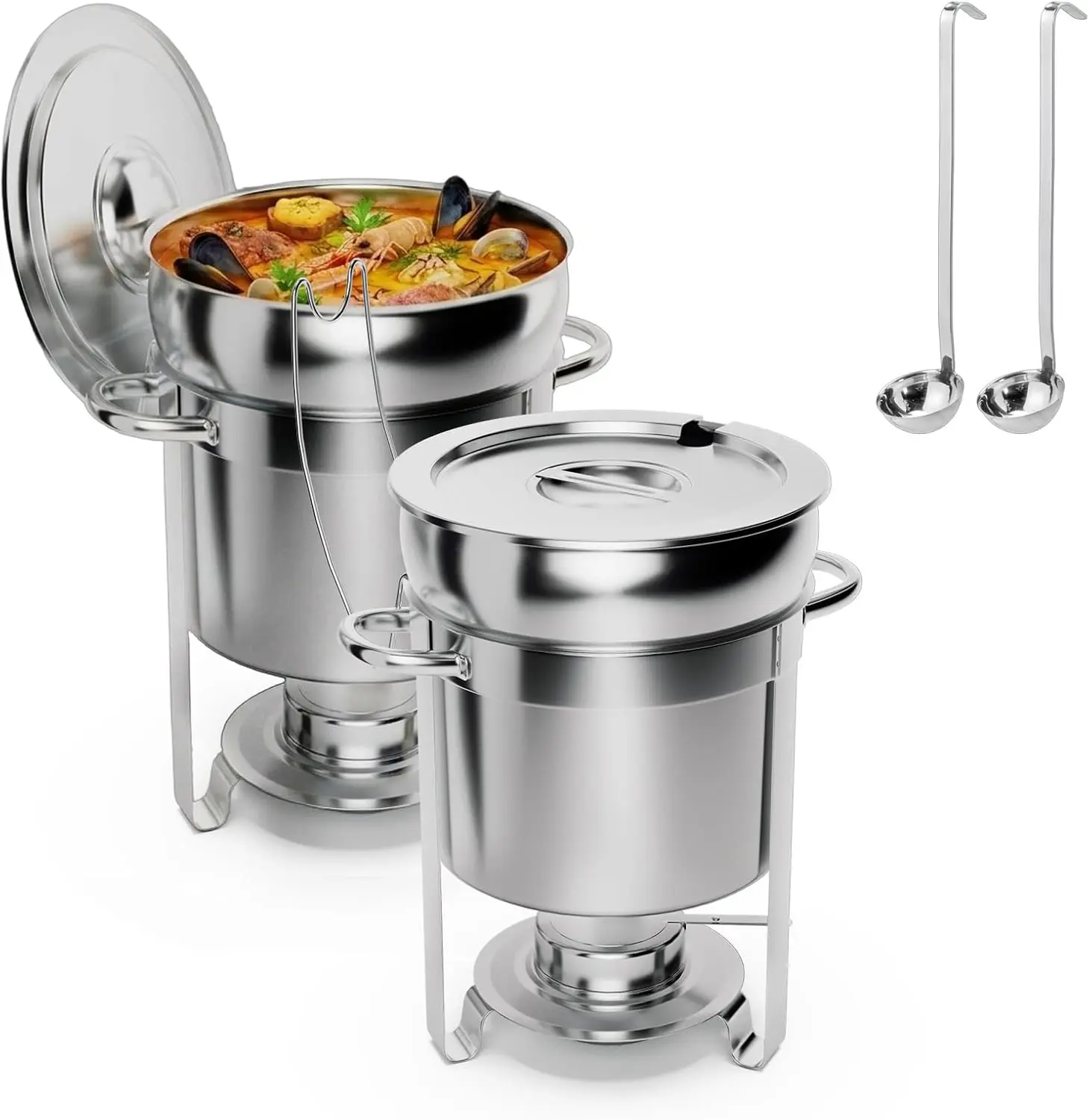 ROVSUN 7/11QT Soup Chafer for Buffet 2 Pack,100% Pre-Installed Stainless Steel Soup Warmer with Upgraded Lid Holder & Ladle,Soup Chafing Dish Catering Marmite for Parties Buffet Wedding Event