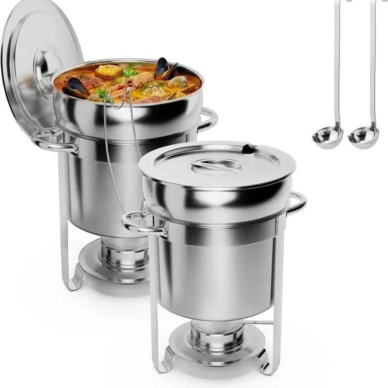 ROVSUN 7/11QT Soup Chafer for Buffet 2 Pack,100% Pre-Installed Stainless Steel Soup Warmer with Upgraded Lid Holder & Ladle,Soup Chafing Dish Catering Marmite for Parties Buffet Wedding Event