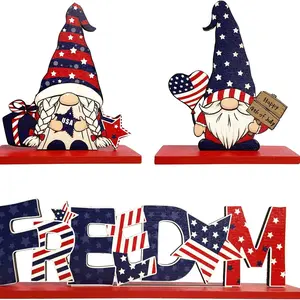 3-Piece Patriotic Wooden Elf Decorations, Independence Day Layered Tray with 'freedom' Sign, Blue, Home Office Party Decor