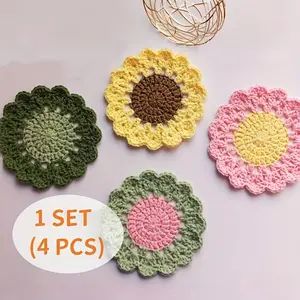 Set of 4, handmade cute flower coasters, fun pink crocheted flower pot coaster for drinks, soft decorative tabletop bar mat, housewarming gift