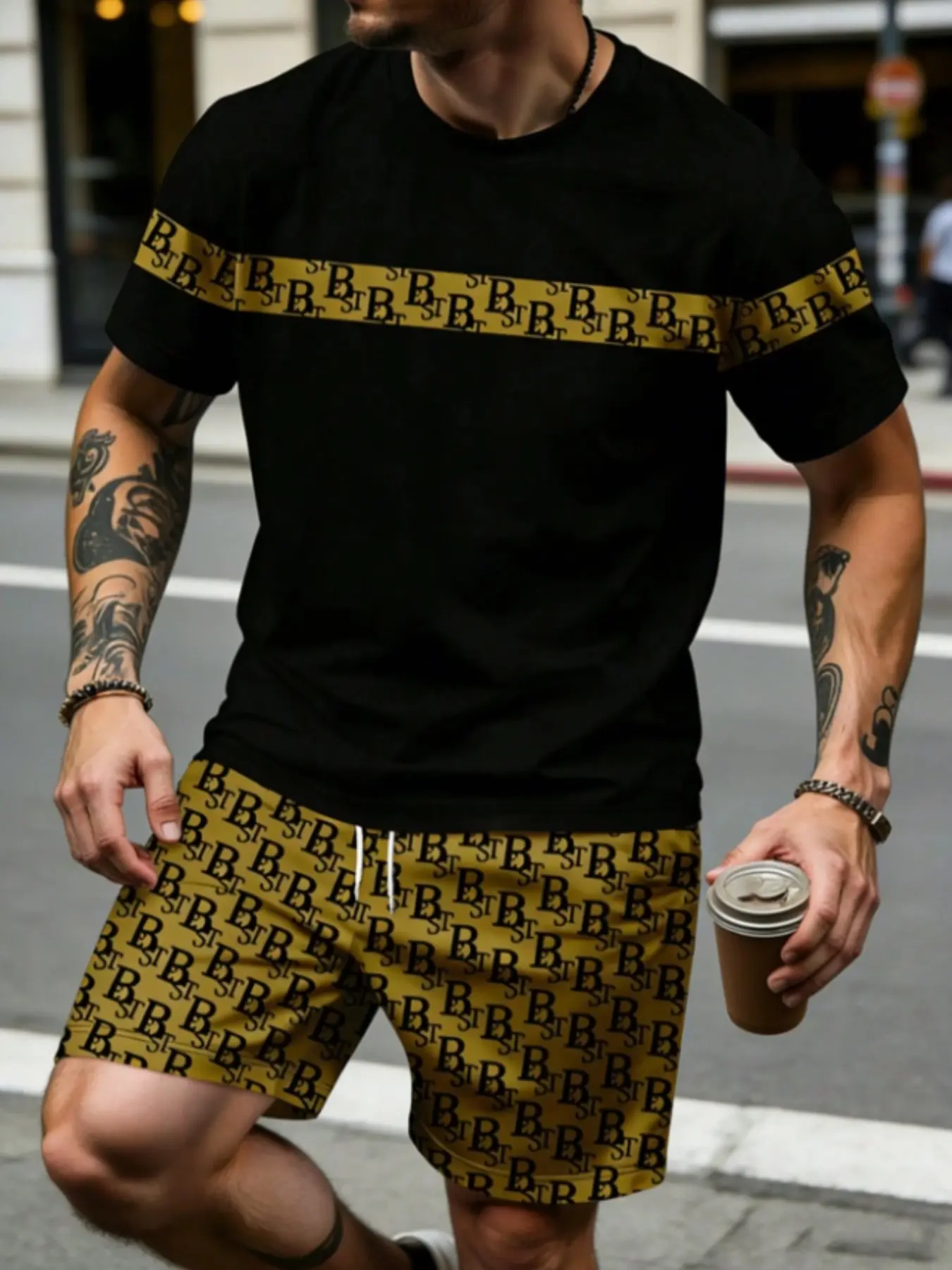 Men's Printed Short Sleeve T-Shirt and Shorts Set, Casual Fashion Breathable Summer Wear, Simple Trendy All-Over Print Fitted Set Clothes, Outfit, Menswear