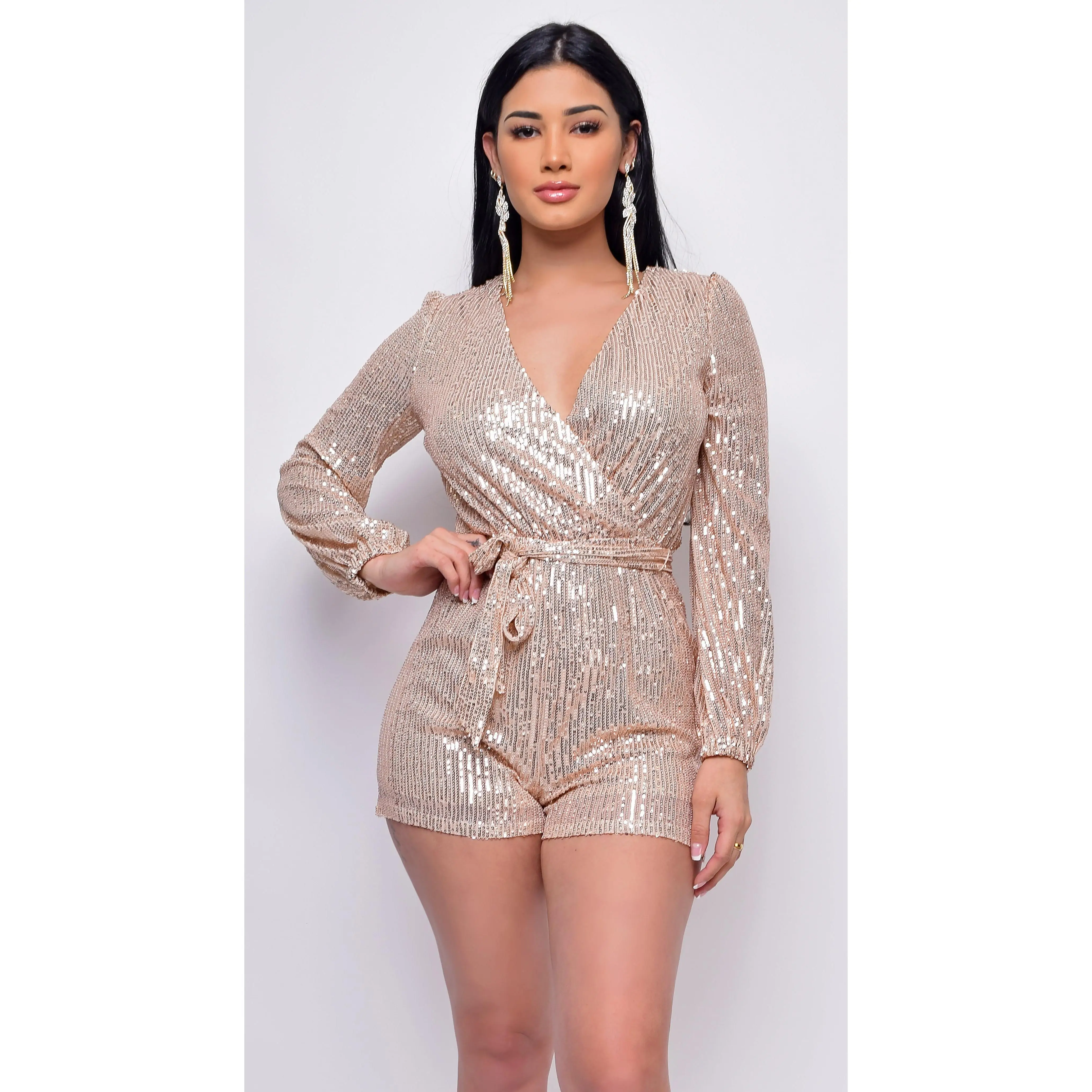 Tempo Rose Gold Sequin Long Sleeve Belted Romper