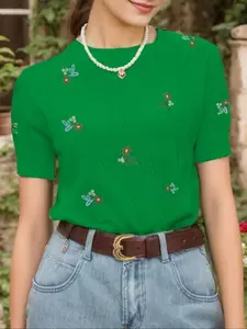 Women's Floral Embroidery Hollow Out Crew Neck Tee, Elegant Casual Short Sleeve T-shirt for Summer, Ladies Clothes for Daily Wear