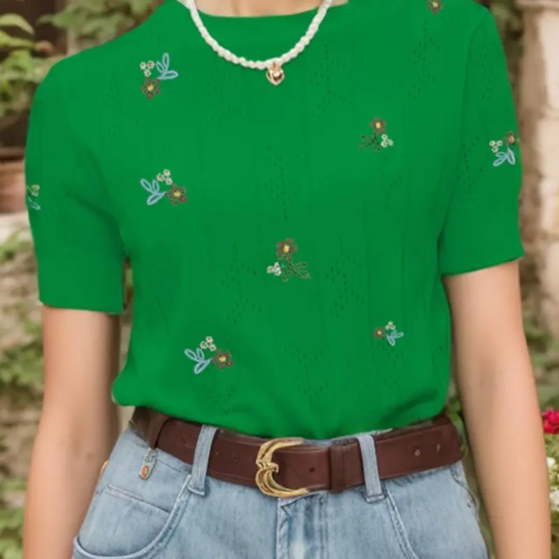 Women's Floral Embroidery Hollow Out Crew Neck Fitted Tee, Elegant Casual Short Sleeve T-shirt for Summer, Ladies Clothes for Daily Wear, Womenswear Tops