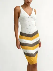 Women's V Neck Sleeveless Striped Hollow Out Knit Dress, Casual Fitted Plain Design, Perfect for Daily Wear & Stylish Occasions