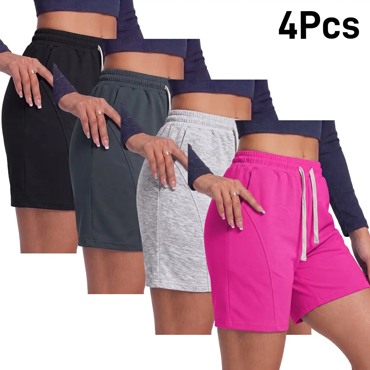 Women’s lightweight summer shorts 4-pack — casual athletic loose shorts, simple breathable straight-leg design for summer, elastic drawstring waist and pockets, available in multiple colors, suitable for running, beach trips, and home leisure.