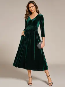 EVER PRETTY Women's V-Neck Long Sleeve High Stretch A-Line Tea Length Velvet Dress - Spring Womenswear, Basic Chic Formal Dress with Pleated Back for Evening Events, Style 2311