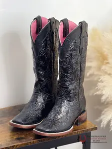 ROCKEM MILA FLOR DE LUZ HAND TOOLED BLACK BROWN BOTTOM SQUARE TOE PINK TUBE