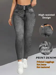 Imitation Denim Printed Women'S Casual Sports Leggings, Fitness Leggings, High Waisted And Hip Lifting Breathable Nude Feeling, Skin Friendly And Slim Leg Yoga Pants，Faux Denim Fabric，It's not jeans