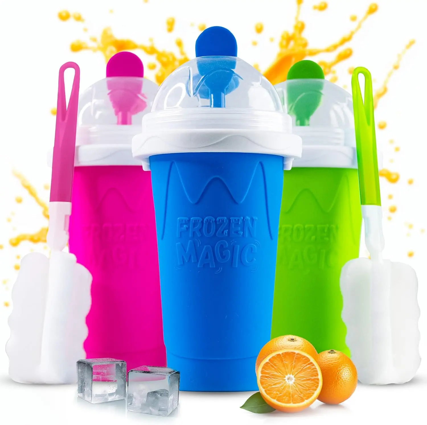 Slushie Cup Set of 3 - Slushy Cup with Lid, 2-in-1 Straw & Spoon, Cleaning Brush, Frozen Magic Slushy Maker Cup, Slushy Squeeze Kitchen Utensils