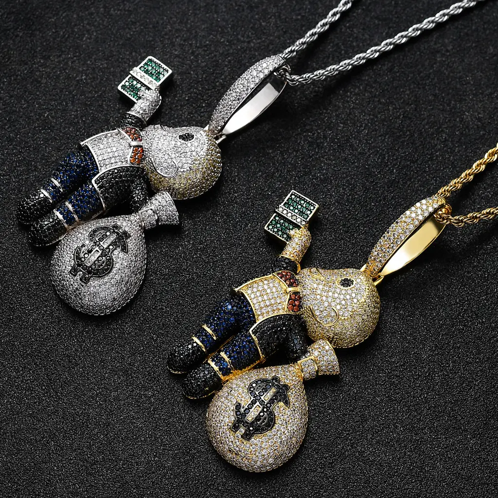 Wealthy Cartoon Man Pendant Blinged Out Iced Out Statement Charm for Hip Hop Streetwear Vibe with Sparkling Details
