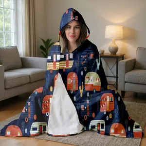 1pc Vintage Camper Hooded Blanket for Adults & Teens, Cozy Flannel Throw Blanket, Wearable Blanket, Lightweight Digital Print Poncho for Lounging, Gaming, Reading, Camping, Watching TV, Perfect All-Season Gift, Cartoon Pattern Blanket