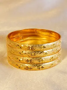 Women's 4-Piece Dubai Style Gold Plated Starry Sky Bracelet Set, Vintage Floral Carved 24k Gold Wide Copper Bracelets, Daily Wear, Stackable Bracelet