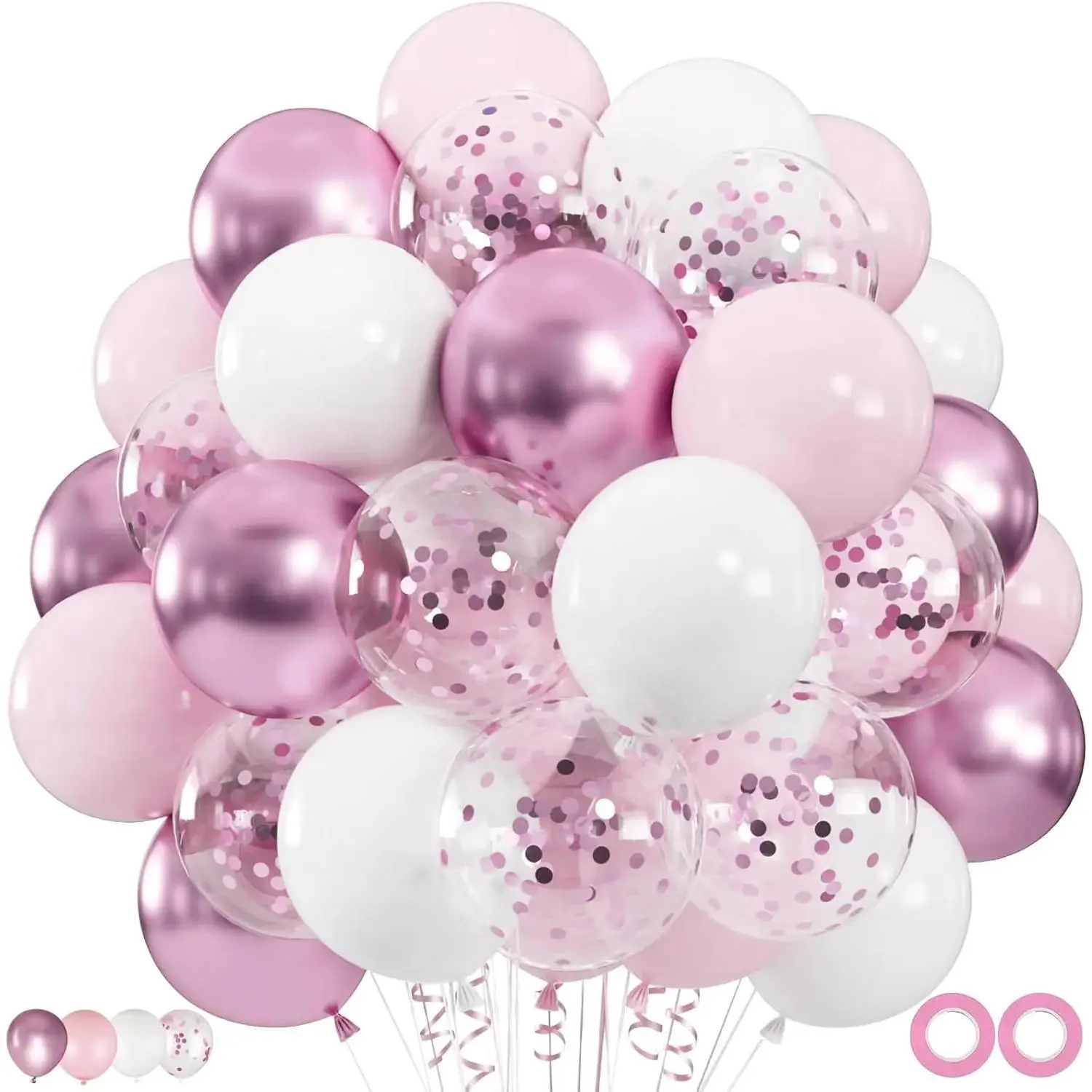 100-Piece Pink & White Self-Sealing Latex Balloon Set, 12-in Metallic Pastel Pink, 66ft Ribbon for Effortless Hanging, Premium Durable Decor for Birthday & Wedding Princess Theme Parties