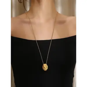 Women's Minimalist Glossy Long Oval Geometric Necklace - Golden Irregular Pendant, High-End Niche Steel Chain Light Luxury Unisex Costume Jewelry for Office, Party Wear