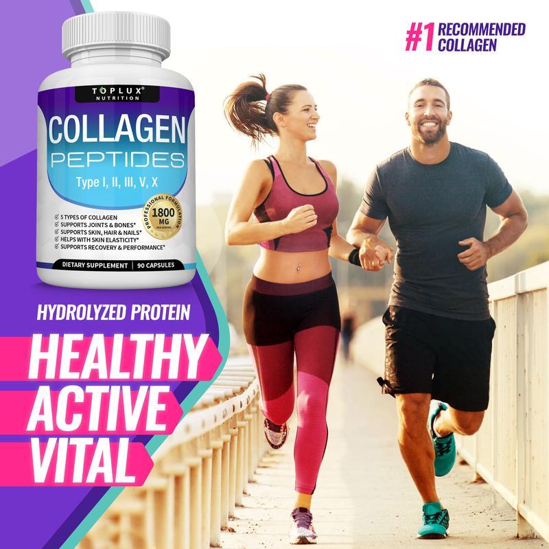 Nutrition Collagen Peptides 1800mg 5 Types Complex 90 Capsules US Made for Health Beauty & Fitness