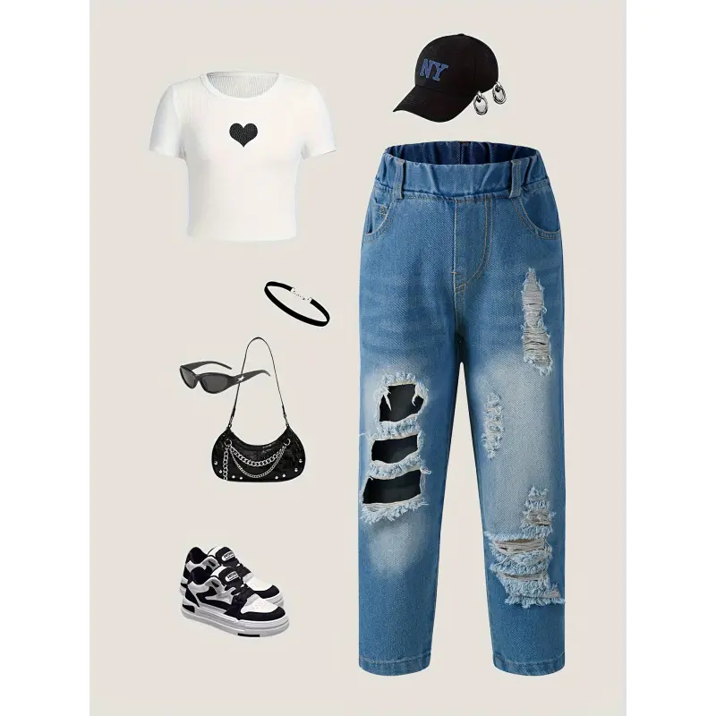 Children's Jeans Spring and Autumn 2026 New Korean Style Boys' Ripped Long Pants Girls' Light-Colored Pants Fashionable and Trendy