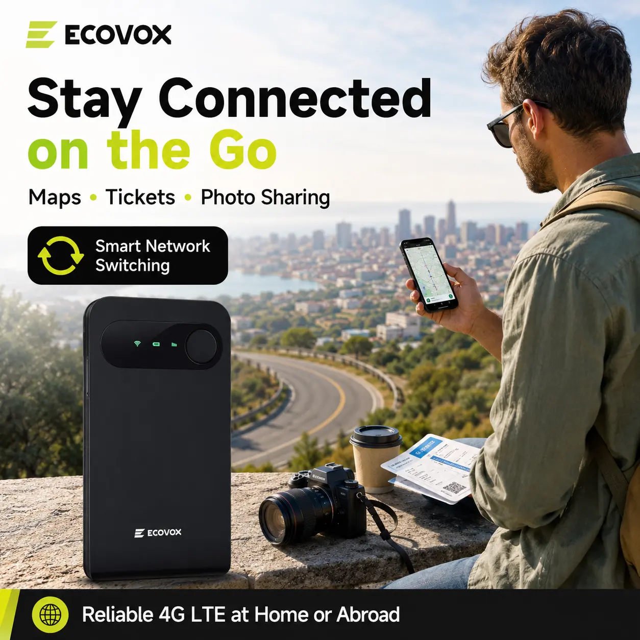 [Deals For You Days] ECOVOX Global Portable WiFi Hotspot, 4G LTE Pocket Router, Multi-Carrier Support, 150Mbps, FCC Certified, 86g Lightweight, Free 1GB Data for Travel, RVs & Road Trips
