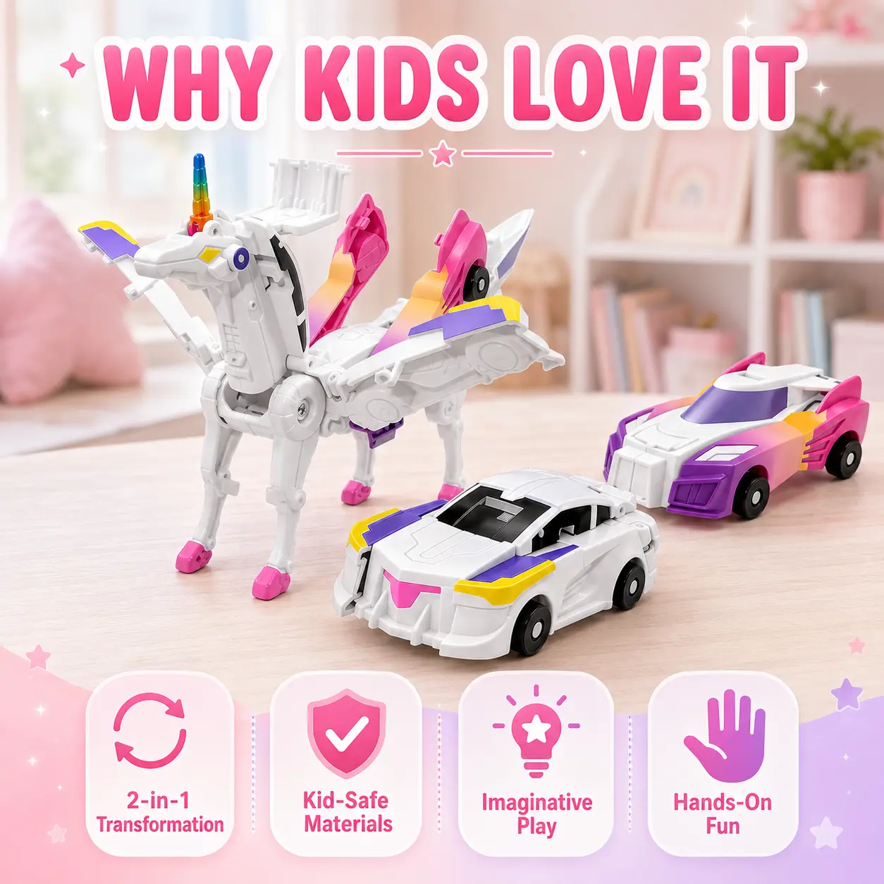 Hotfree Magnetic Unicorn Transformer Car Toy, 2-in-1 Magnetic Cars