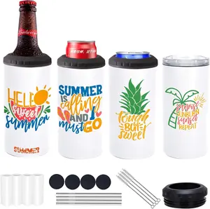Lilsofee  16 oz Sublimation Blank Tumblers Skinny 4 in 1 Can Cooler with 2 Lid Stainless Steel Double Wall Insulated Beer Bottles Coolers Slim Can Holder for Drinks