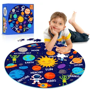 1box (70pcs) Large Puzzle Floor Jigsaw, Cartoon Space Theme with Sun Earth Moon Astronaut Alien Rocket Satellite Elements