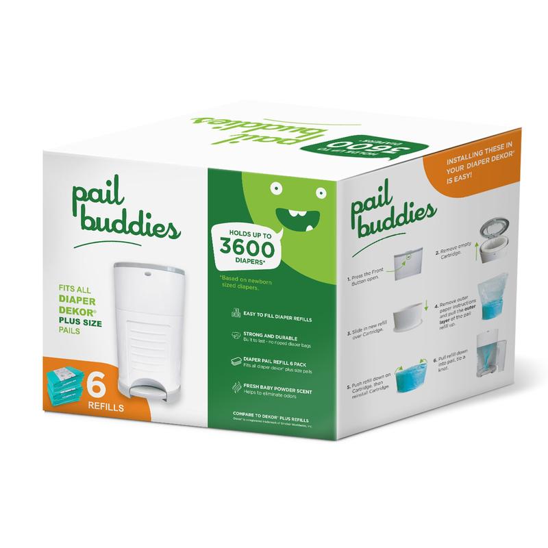 Pail Buddies Diaper Pail Refills | 6 Count Value Pack Holds 3,600 Diapers | Compatible with Dekor Plus Diaper Pail | Strong, Durable Refill Bags with Odor Eliminating Fresh Baby Powder Scent