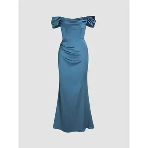 Cider Ruched Off-shoulder Satin Maxi Dress