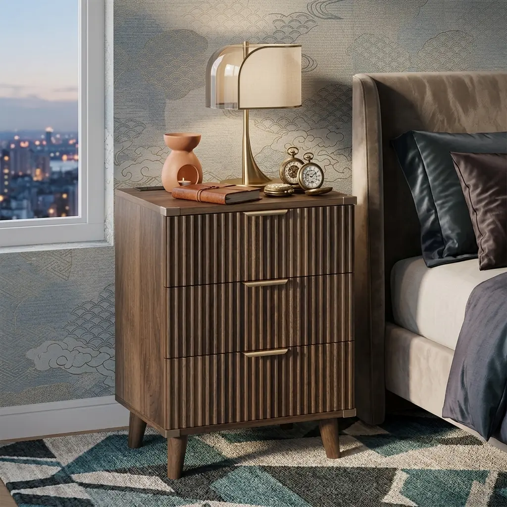 Trend 3-Drawer Fluted Panel Natural Finish Contemporary Wood Nightstand - Flat Top Dual-Use Bedroom Furniture with USB Port, Easy Setup, Indoor Storage for Bedroom, Living Room, Charging Station