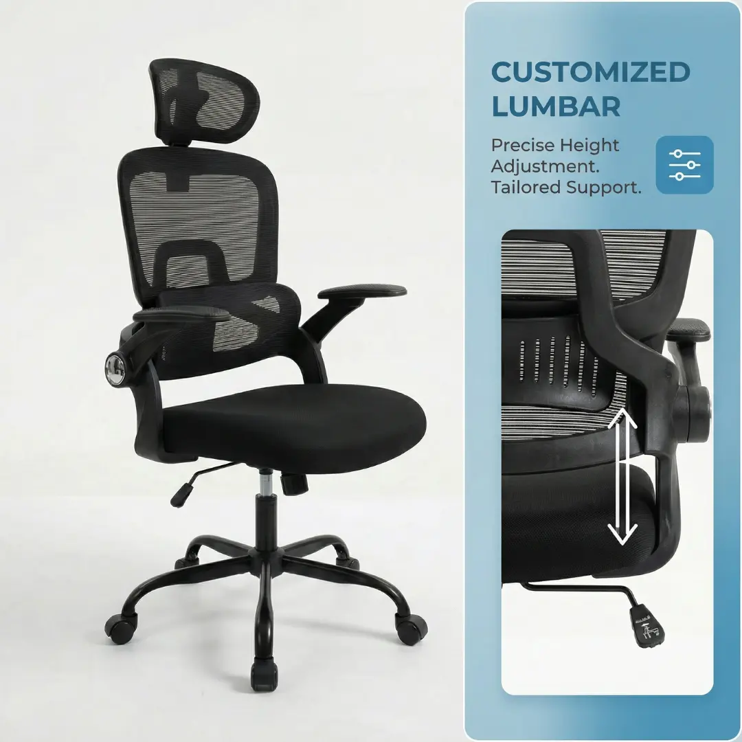 Modern Ergonomic Office Armchair - Adjustable Height Chair with Flip-up Arms, Customized Lumbar Support, Headrest Fits Neck, Mixed Materials for All-Day Comfort, Assembly Required (Black)