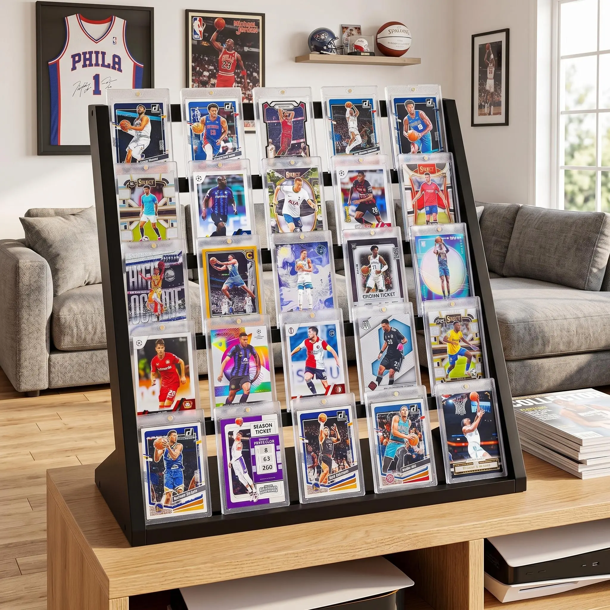 Wooden 5-Tier Trading Card Display Stand for Graded Slabs, Holds up to 25 PSA BGS SGC Cards, Anti-Slip Wood Card Holder for Pokemon, Sports Cards & TCG Collectors