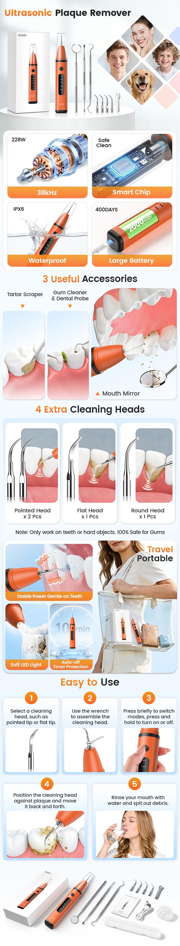 TGHYR Plastic Ultrasonic Teeth Plaque Remover - Portable USB Port Oral Irrigator for Adults, 5 Adjustable Modes, LED Lighting, 4 Replacement Tips, Rechargeable, IPX6 Waterproof, Gum Health Safe, Compact Orange Home Kit, Teenagers TGHYR Plastic Ultrasonic Teeth Plaque Remover - Portable USB Port Oral Irrigator for Adults, 5 Adjustable Modes, LED Lighting, 4 Replacement Tips, Rechargeable, IPX6 Waterproof, Gum Health Safe, Compact Orange Home Kit, Teenagers