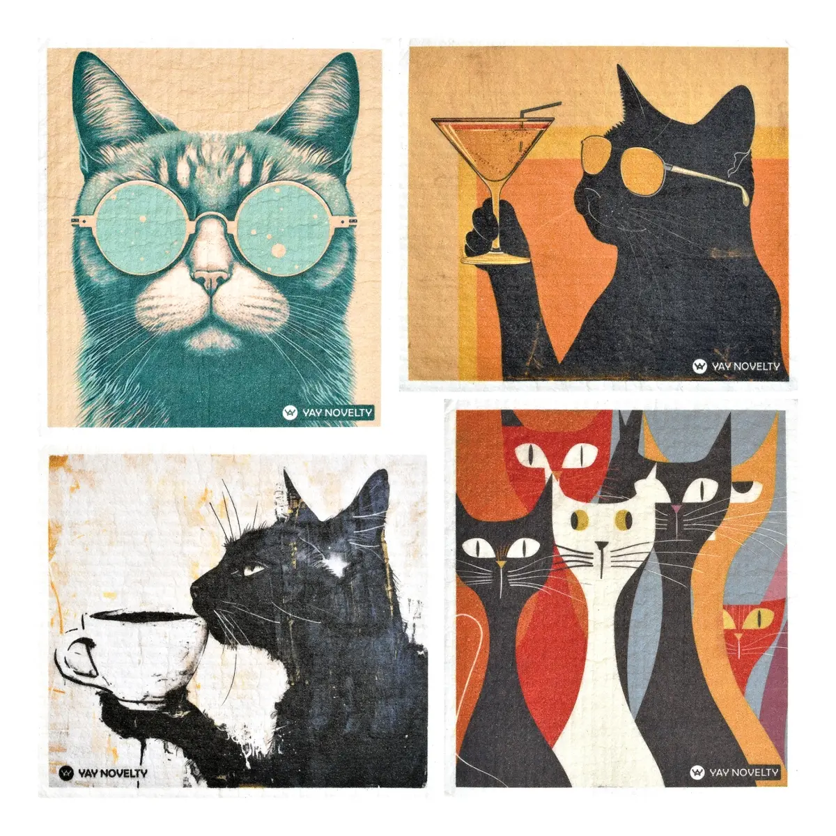 212 MAIN 3707 Model Cotton Reusable Biodegradable Long-Lasting Swedish Dishcloth Towel - Cool Cat Playful Print, 12-Pack, No Residue, Odorless Multi-Purpose Washable Kitchen Home Care Cleaning Cloths